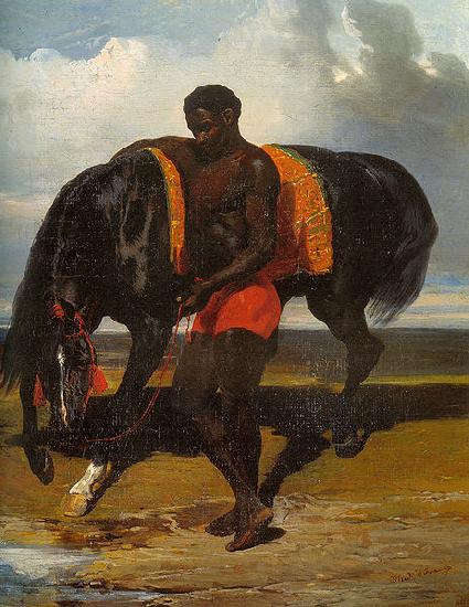 Alfred Dedreux Africain tenant un cheval au bord d'une mer Germany oil painting art